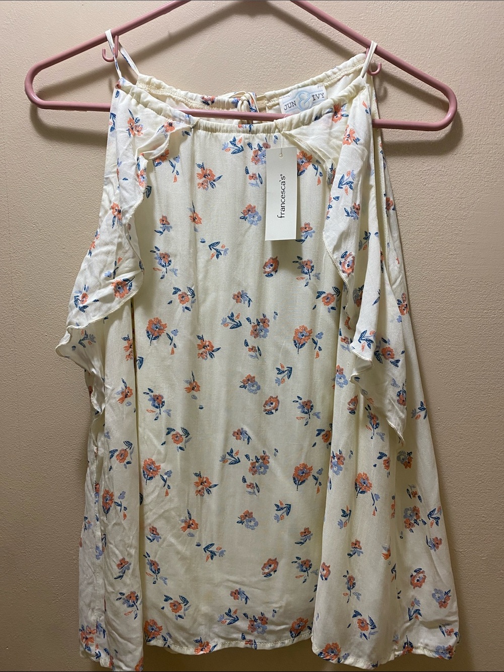Francesca's Collections Cream & Orange Floral Top w/ Ruffle NWT Large Vacation